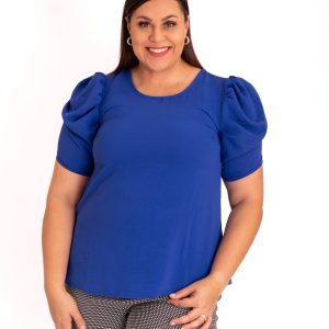 Blusa azul manga abullonada plus