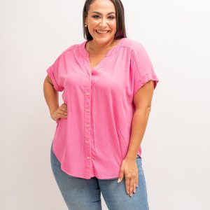 blusa rosa plus cuello V, manga corta