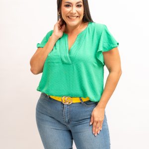 Blusa verde plus cuello V, manga vuelo