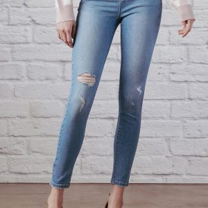 Jeans skinny talle alto con detalles rasgados al tobillo ENJEAN