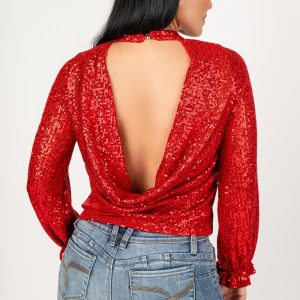 Blusa de lentejuelas con elástico en el puño y escote drapeado en la esplada