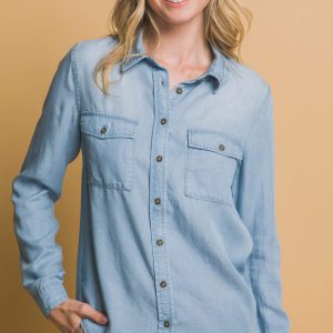 Blusa manga larga en Tencel con bolsas expuestas