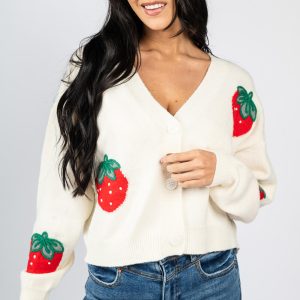 Sweater tipo cardigan con mega fresas