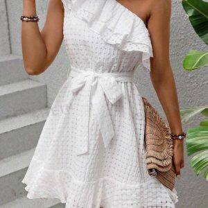 Vestido de Un Hombro con Cinturón y Fruncido