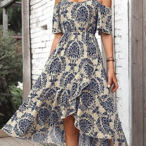 Vestido Largo Floral con Hombros Descubiertos y Volantes