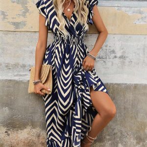 Vestido Largo con Estampado Geométrico y Cintura Ajustada