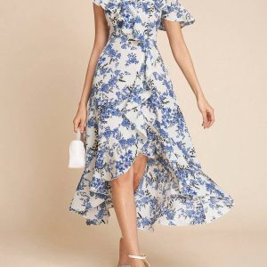 Vestido maxi estampado floral y volantes