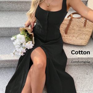 Vestido Midi Línea A con Cuello Cuadrado y Lazo en la Cintura