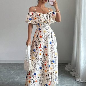 Vestido Floral Elegante con Hombros Descubiertos y Abertura
