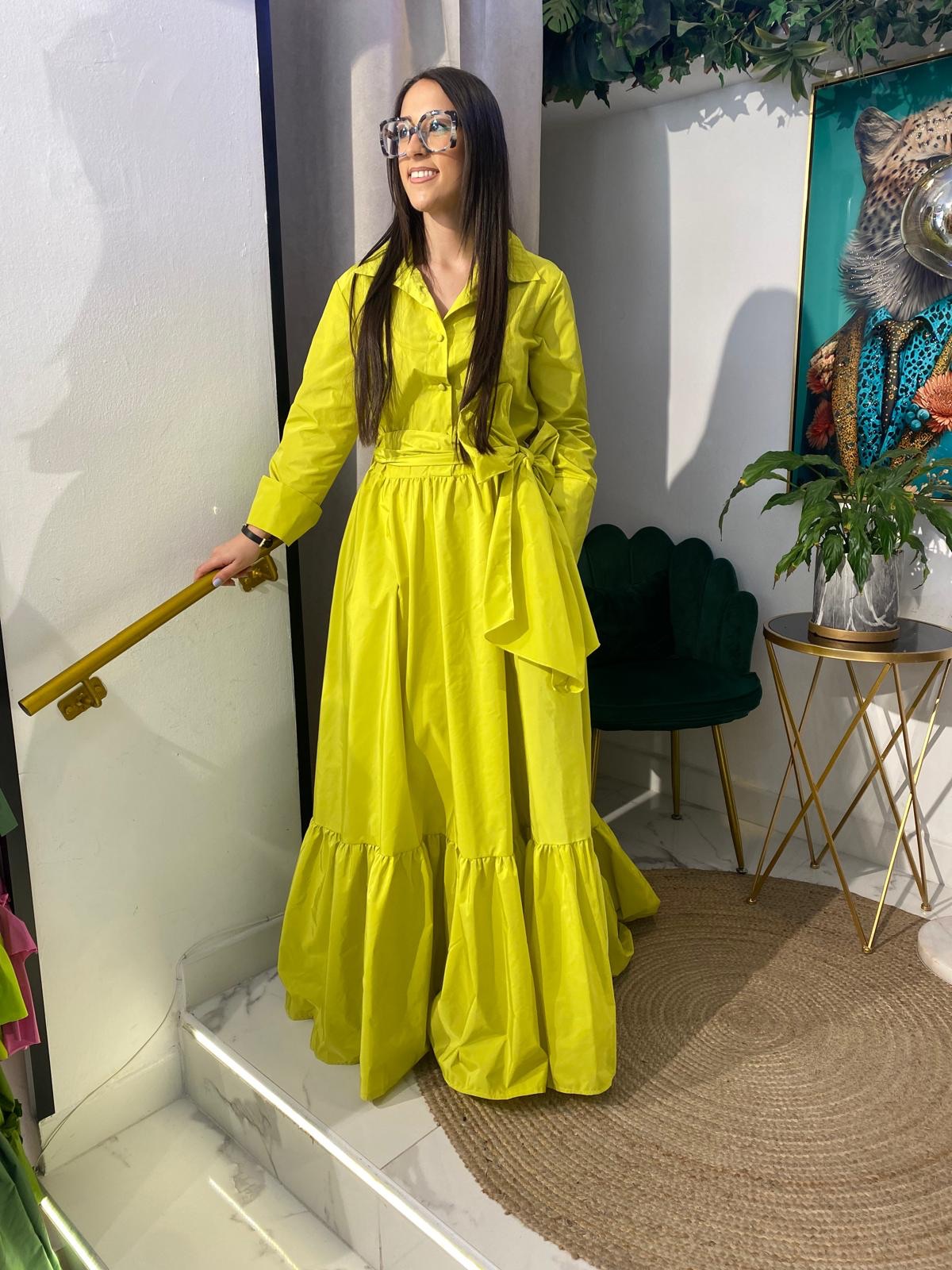 Vestido camisero tafetán bajo volante largo - Imagen 4