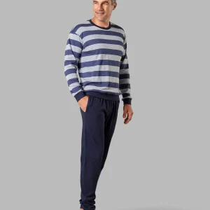 Pijama largo hombre de invierno gris y azul interlock 100% algodón