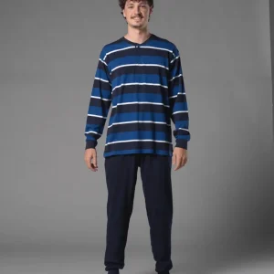 Pijama largo para hombre a rayas azul y negro