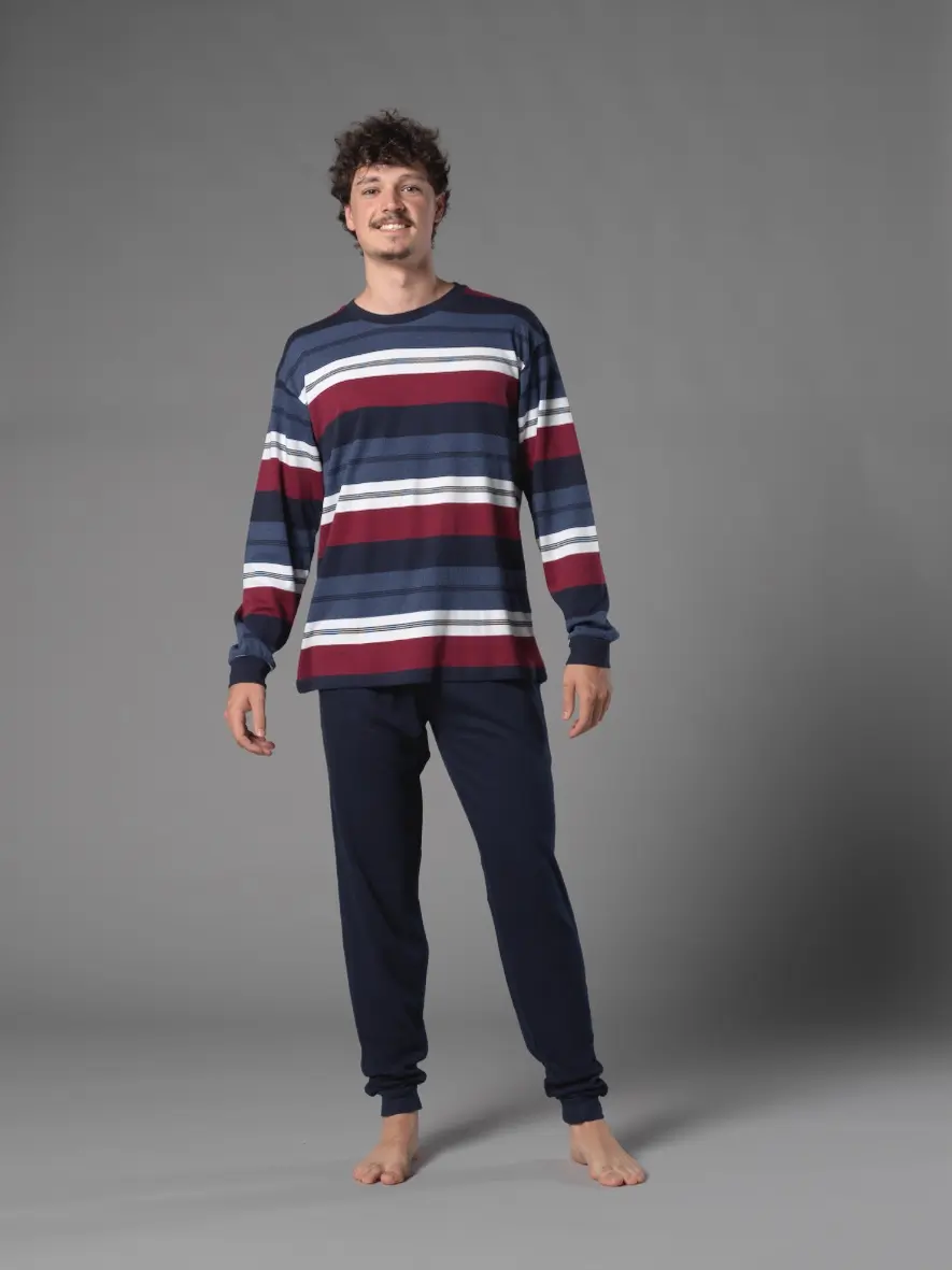 Pijama largo para hombre a rayas azul, rojo y negro