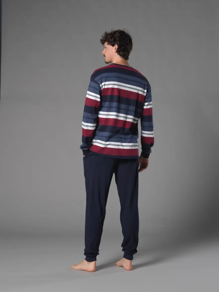 Pijama largo para hombre a rayas azul, rojo y negro - Imagen 4