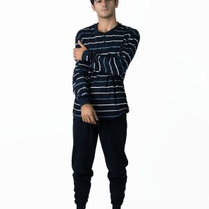 Pijama hombre punto liso rayas marino