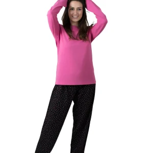 Pijama largo para mujer color rosa y negro con lunares