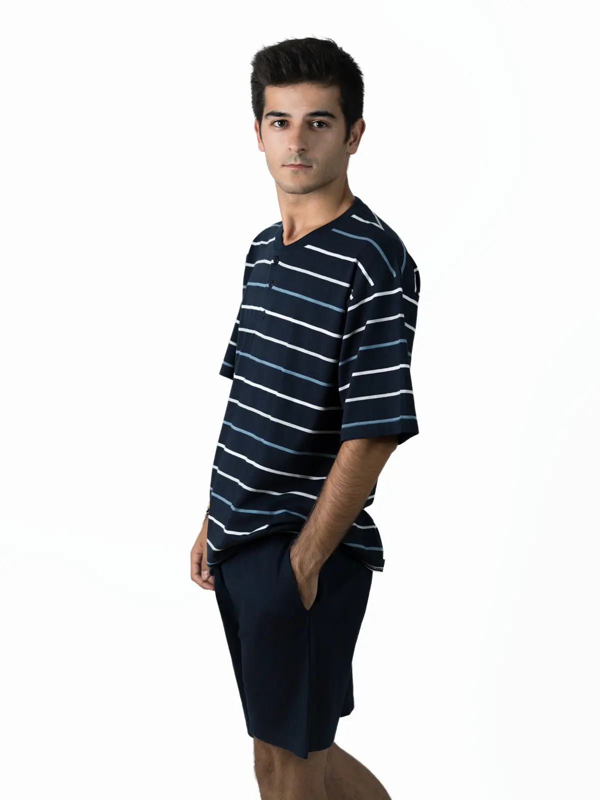 Pijama Hombre verano punto liso rayas marino M/Corta - Imagen 3