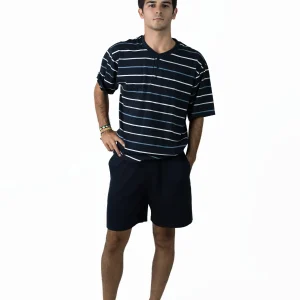 Pijama Hombre verano punto liso rayas marino M/Corta