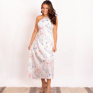 vestido blanco flor asimétrico