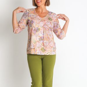 CONJUNTO SIMULADO GASA Y PUNTO ESTAMPADO MANGA 3/4