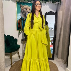 Vestido camisero tafetán bajo volante largo