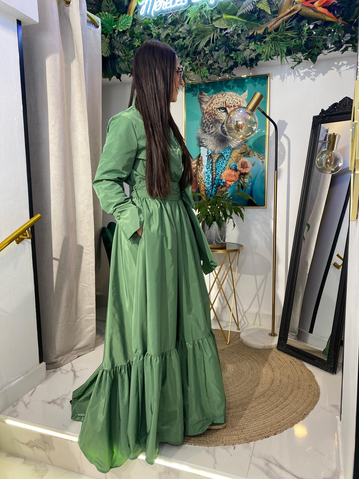 Vestido camisero tafetán bajo volante largo - Imagen 6