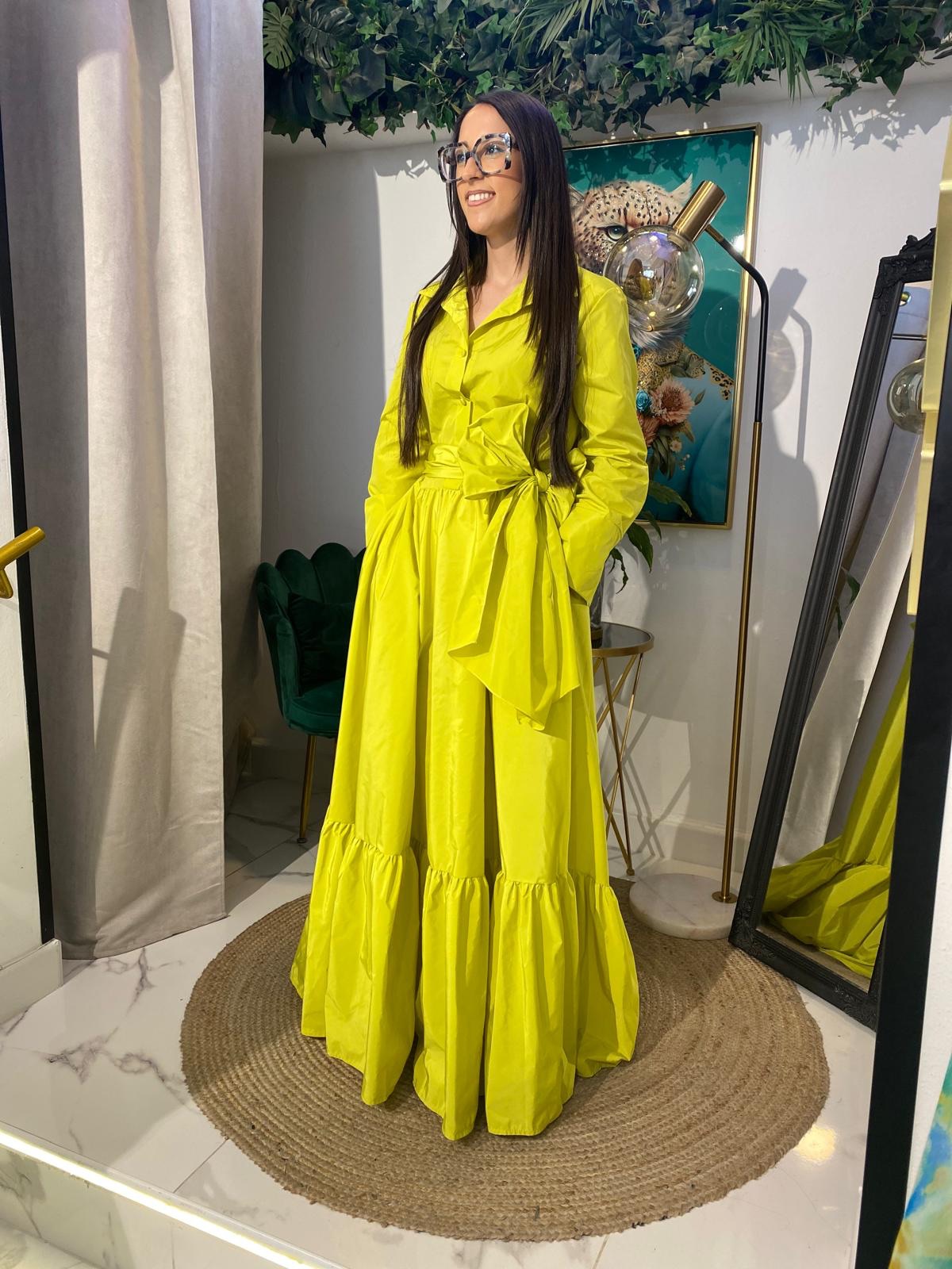 Vestido camisero tafetán bajo volante largo - Imagen 2