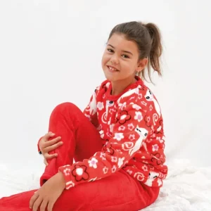 Pijama de niña polar rojo con gatitos