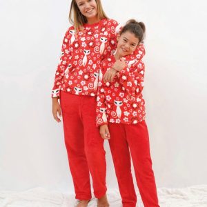 Pijama madre e hija polar rojo con gatitos