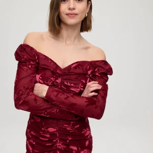 DAME – Vestido midi drapeado flores flocadas granate MIOH