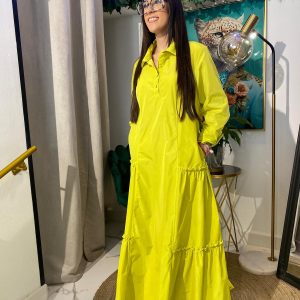 Vestido midi tafetán volantes laterales