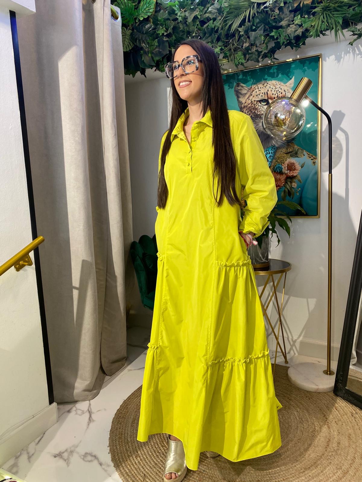 Vestido midi tafetán volantes laterales