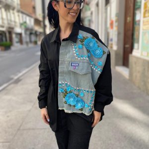 Camisa combinada jeans piedrería