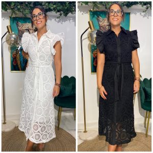 Vestido midy bordado volante hombro