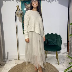 Vestido combi tul jersey asimétrico