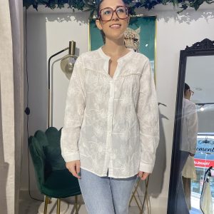 Camisa algodón bordado flores cuello mao