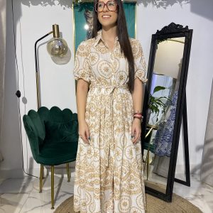 Vestido camisero calado bordados beige y blanco