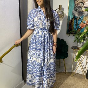 Vestido camisero calado bordados azul y blanco