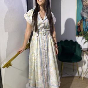 Vestido camisero verde agua estampado cinturón