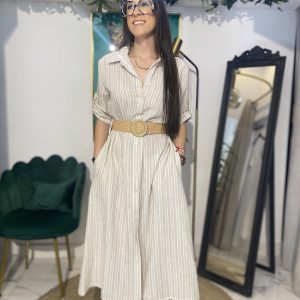 Vestido camisero rallas cinturón rafia