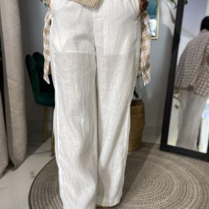 Pantalón lino bordado lateral