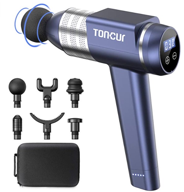 Toncur Pistola de Masaje Muscular, Masajeador de Músculos de Tejido Profundo Ultra Silenciosos 35 dB Massage Gun, 30 Niveles Ajustables, 3200 RPM, Diseño 105°, 6 Cabezales