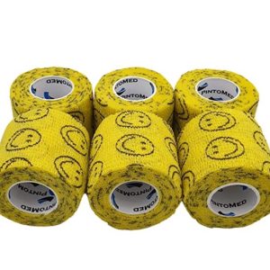 SMILEY AMARILLO Vendaje cohesivo Estirada 6 Rollos x 5cm x 4.5m Vendajes autoadhesivos flexibles, calidad profesional, vendajes de envoltura deportiva de primeros auxilios – Paquete de 6